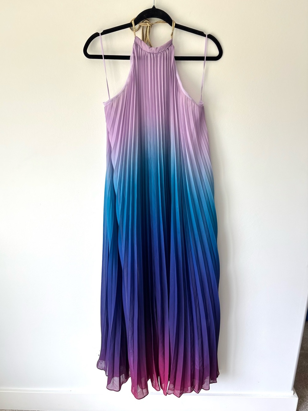 L'ATISTE Pleated Halter Neck Maxi Dress Low Back Ombré Purple Blue Pink Formal - Picture 3 of 13